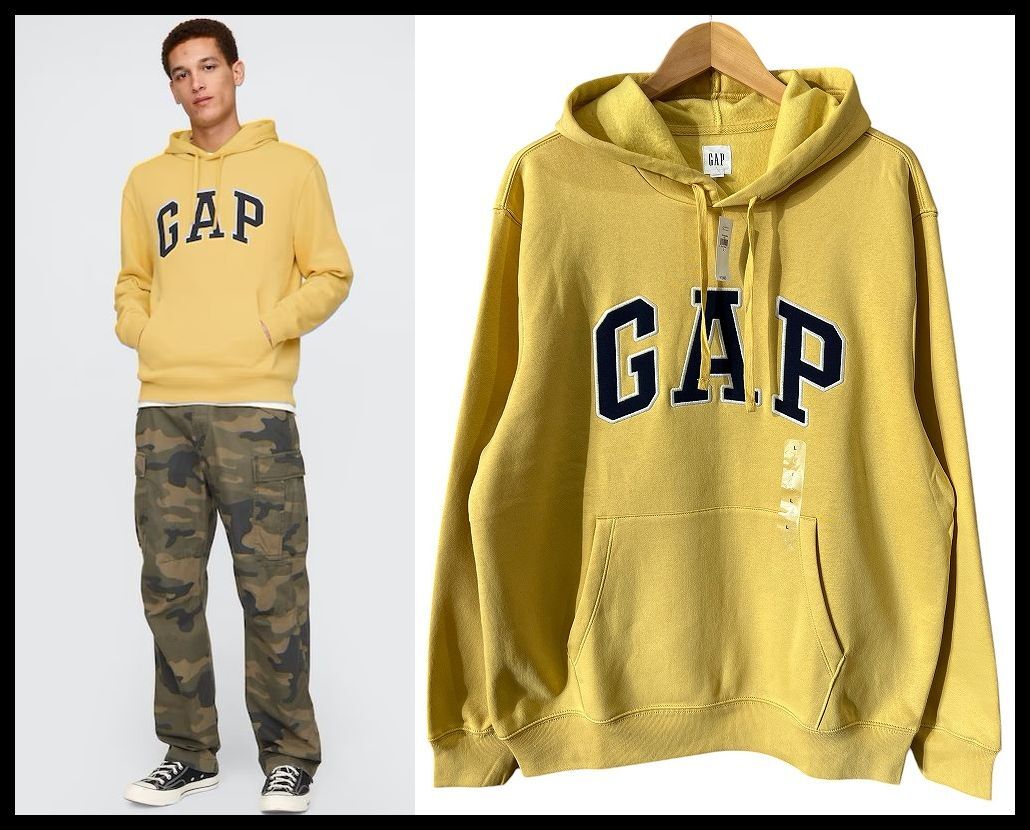 ■ G① 新品 タグ付き 24AW GAP ギャップ 674148 リラックス フィット ビッグ ロゴ フーディー スウェット プルオーバー パーカー 黄 L