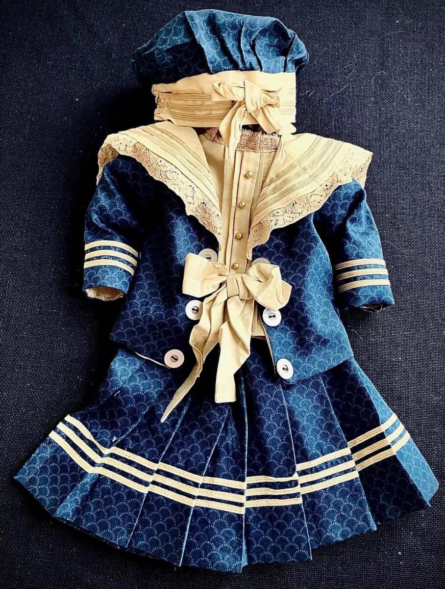 ビスクドール用セーラードレス 48cm前後の人形用 アンティークとヴィンテージ生地 3ピースのガールドール用ドレスセット ベージュ/藍