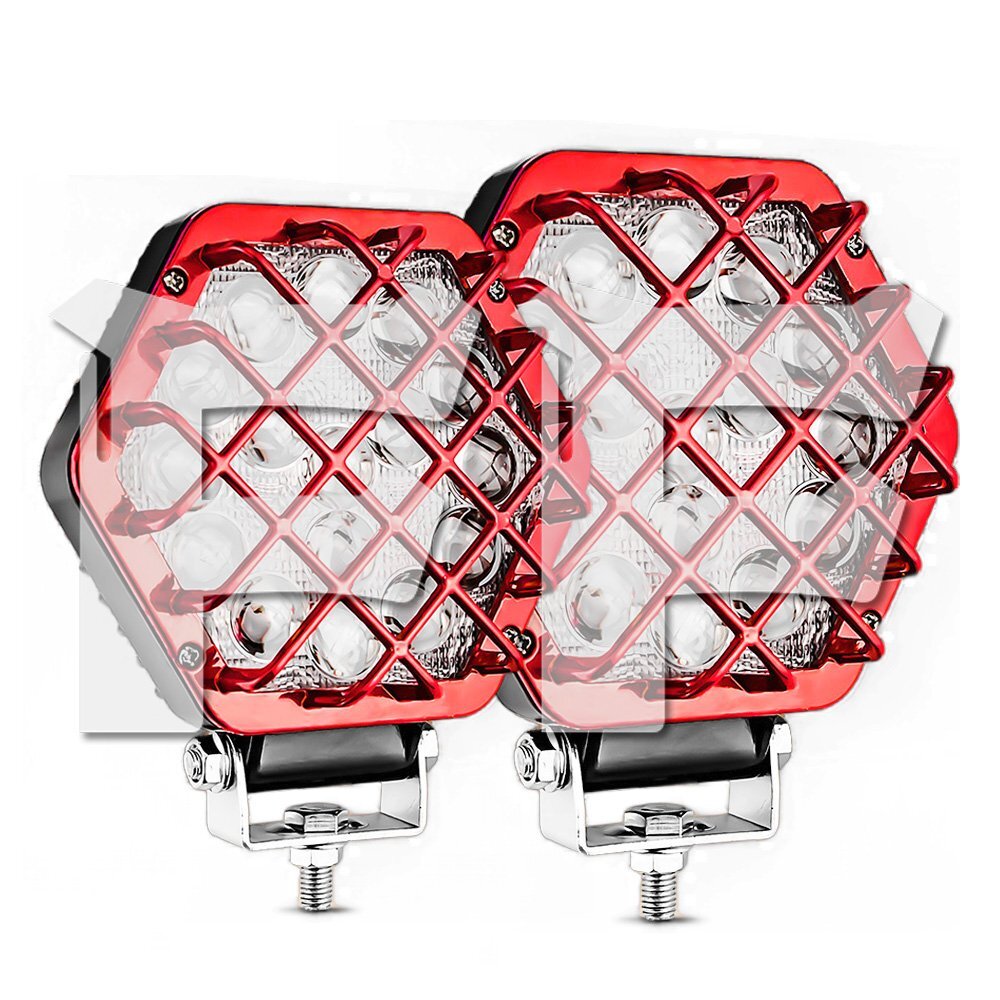 送料無料● 5インチ 48W 作業灯 LED ワークライト ホワイト 4800LM グリッドシェル付 レッド 4X4 建築機械 道路照明 工事現場 2個 汎用