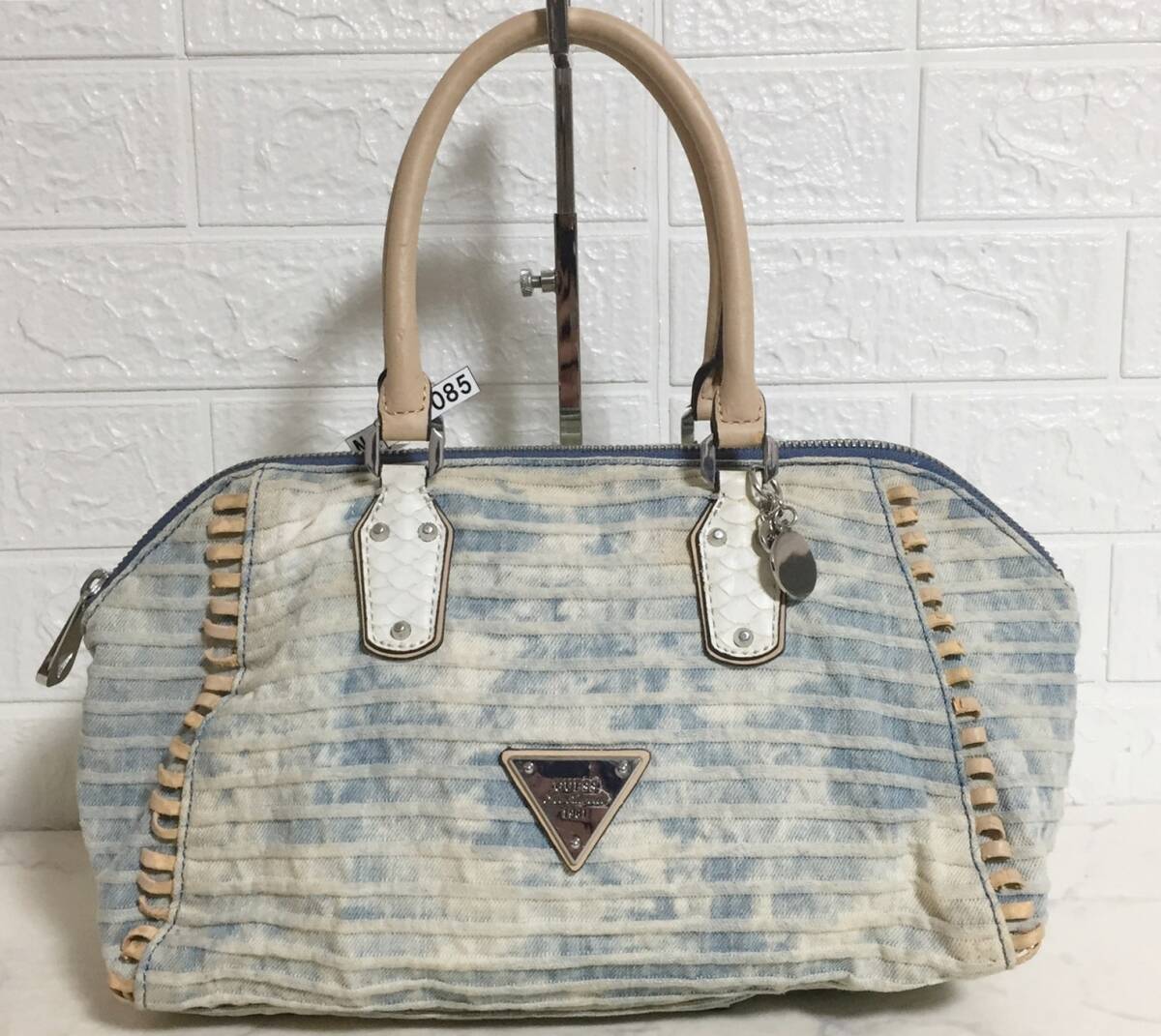 no31085 GUESS ゲス レザー キャンバス デニム インディゴ ハンド トート ミニボストン バッグ