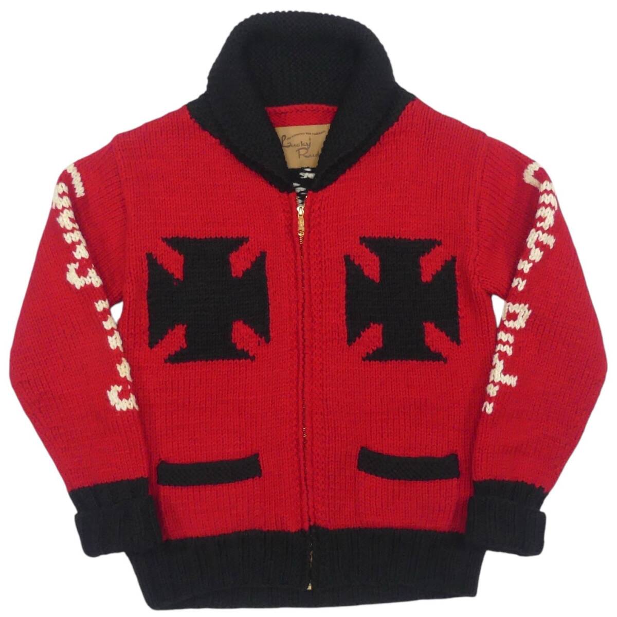 即決★Lucky Rudy★メンズ L カウチンセーター ラッキルーディー 赤 ウール ニット セーター カーディガン ジップアップ_画像2