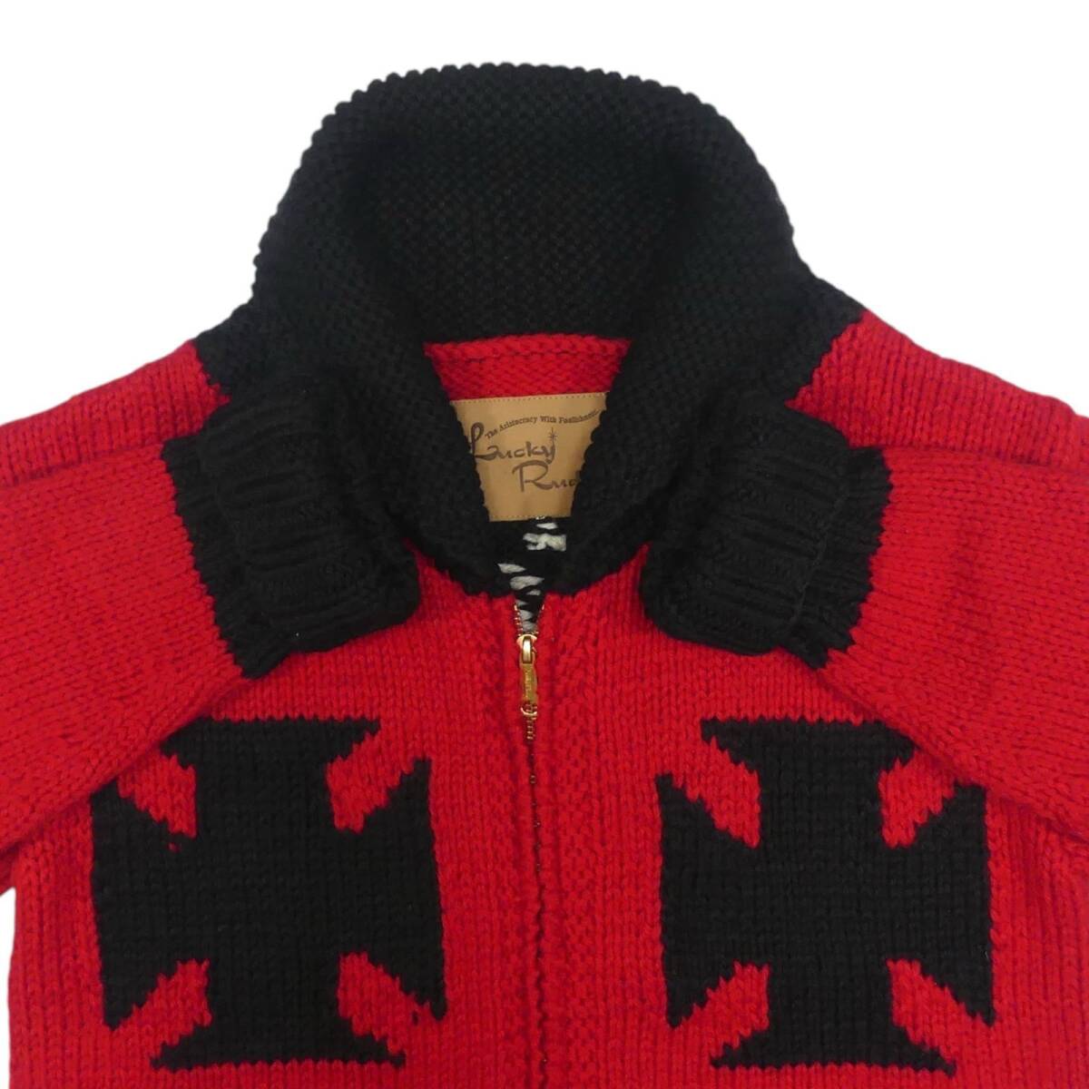 即決★Lucky Rudy★メンズ L カウチンセーター ラッキルーディー 赤 ウール ニット セーター カーディガン ジップアップ_画像3