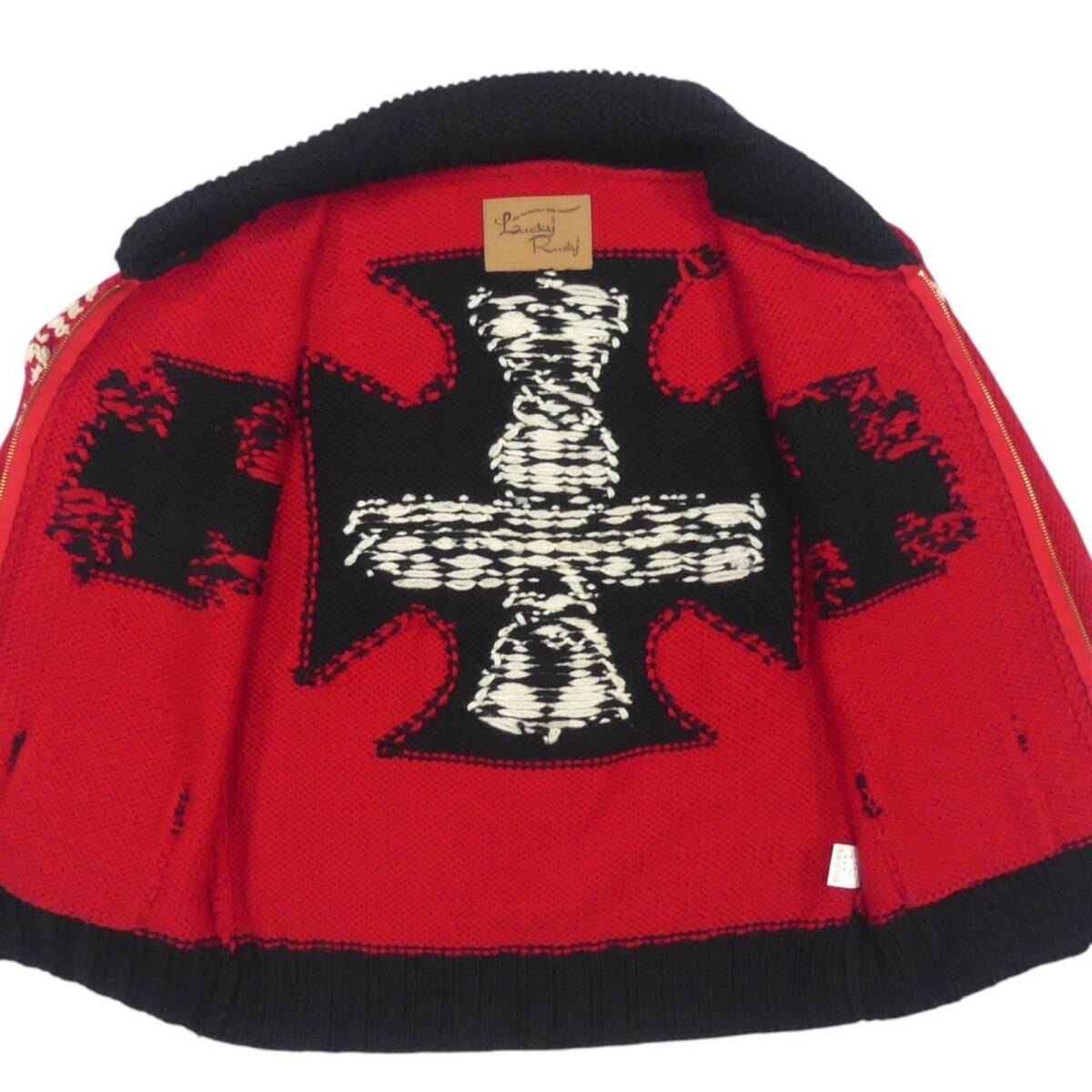 即決★Lucky Rudy★メンズ L カウチンセーター ラッキルーディー 赤 ウール ニット セーター カーディガン ジップアップ_画像4