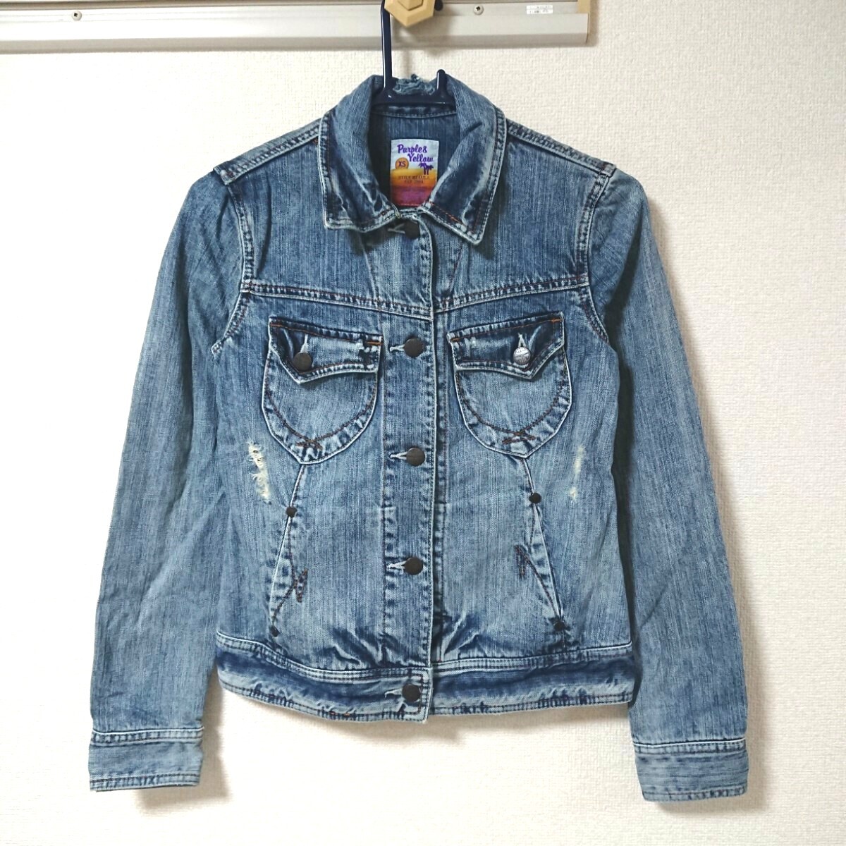 Purple ＆ Yellow パープル アンド イエロー ジージャン ジャンパー デニム ジャケット インディゴ ブルー クラッシュ ダメージ加工 XS