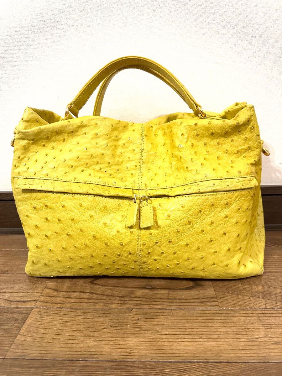 名作 本物 美品 高級 G.BORRI ジーボリー オーストリッチ クイルマーク 本革 レザー ハンドバッグ 鞄 イエロー