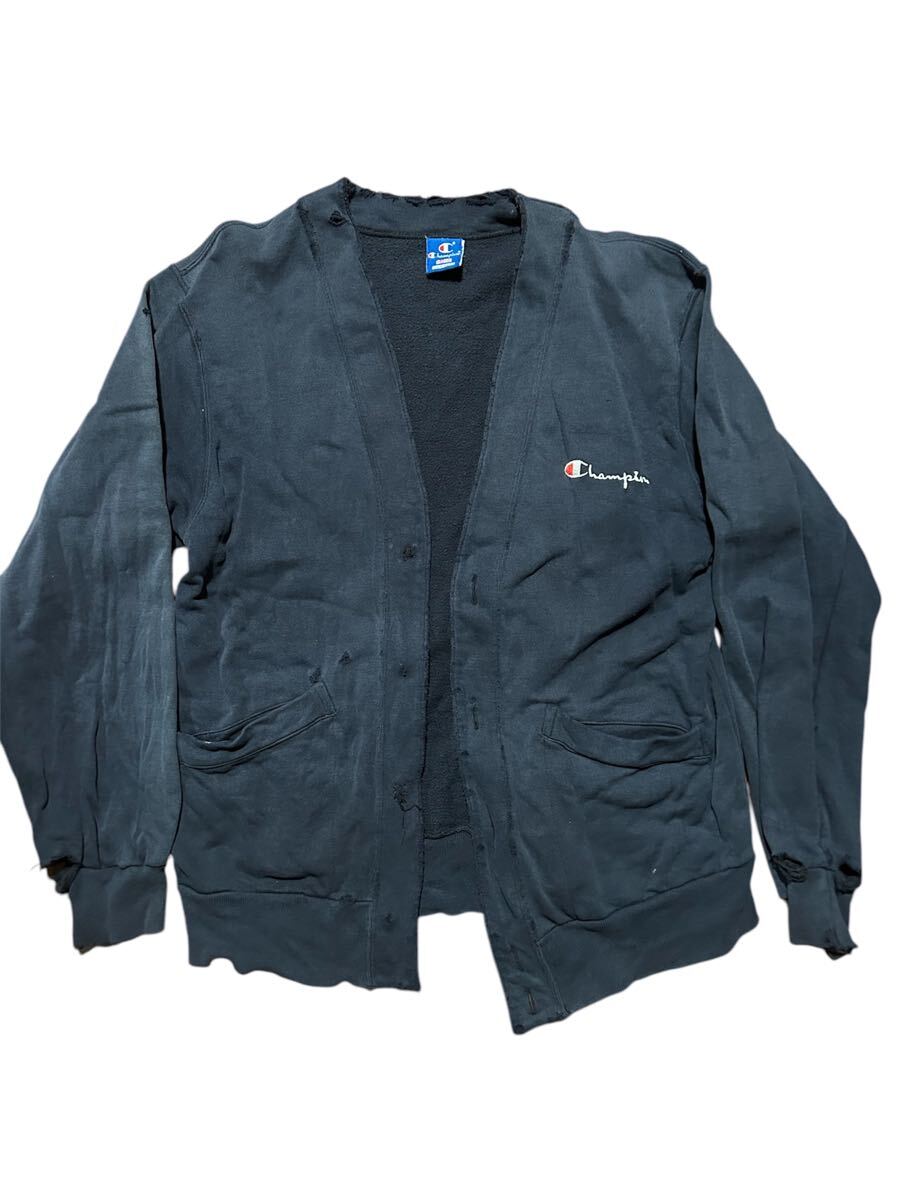 Champion ボロ　カーディガン M 紺　Made in USA ダメージ　襤褸　BORO スウェット　リバース