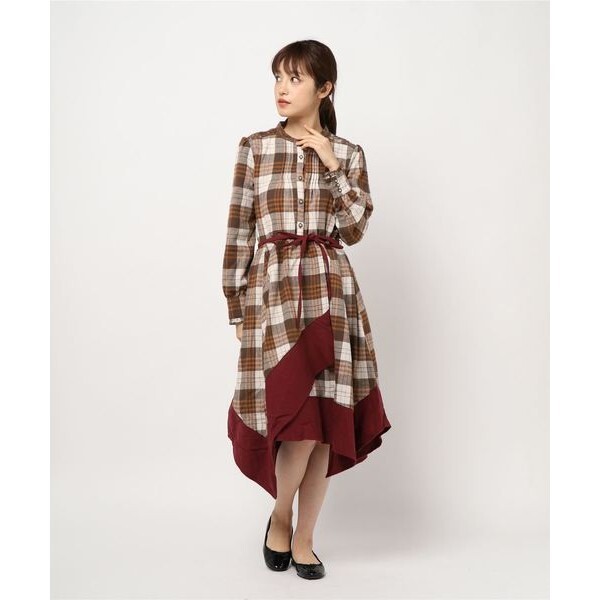 axes femme ブラウスワンピース イレヘム バイカラー フリル Aライン ブラウン 長袖 ロング丈 格子 M 可愛い レディース アクシーズファム
