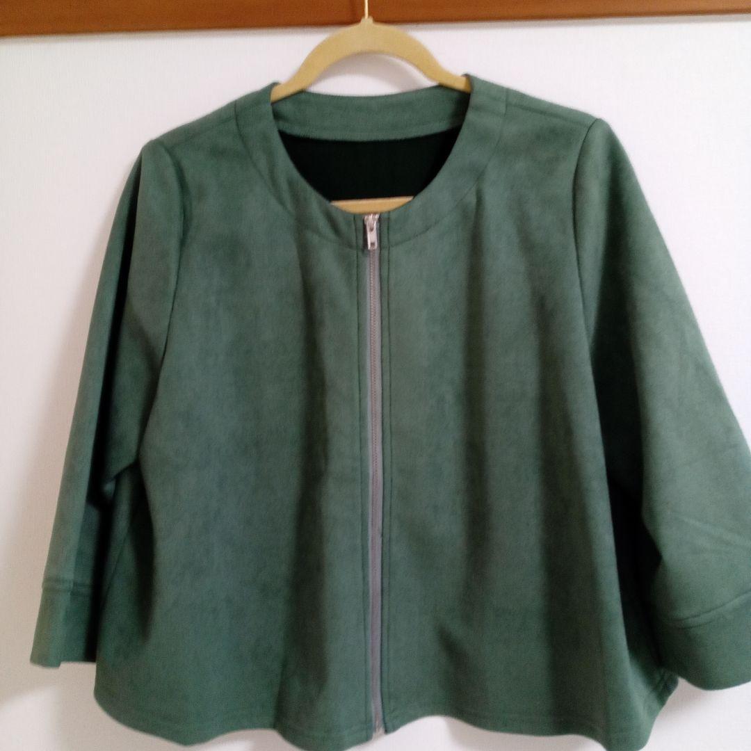 PENNY JULE ノーカラー緑スエード風ジャケット ⑤