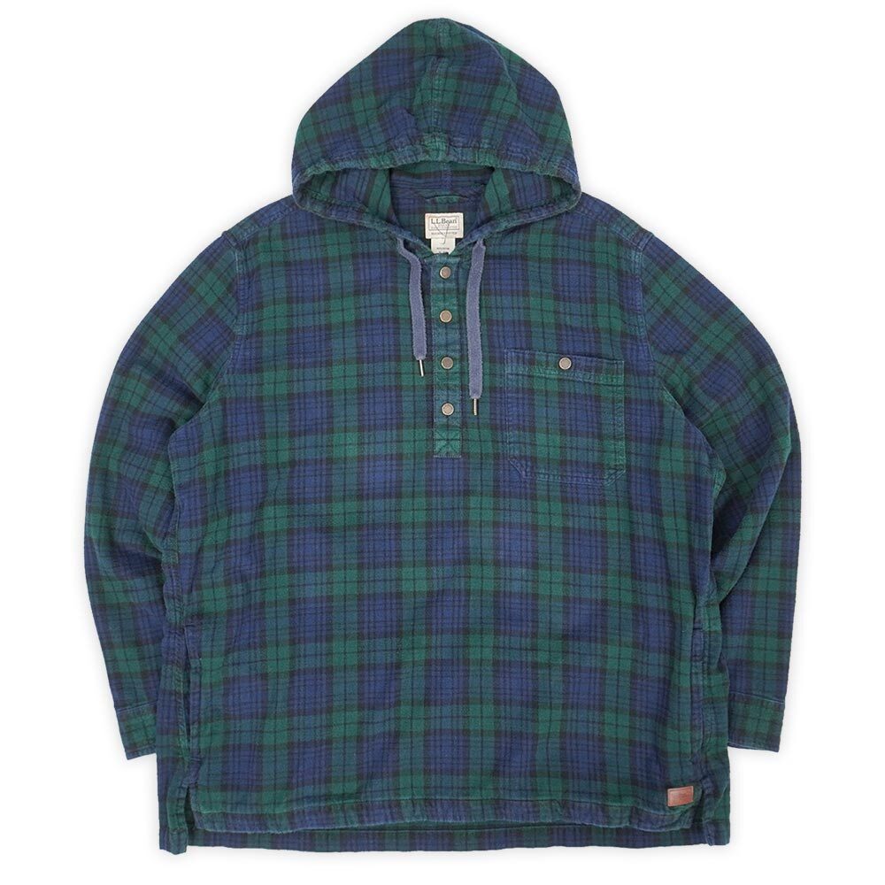【超目玉枠】 フーディーネルシャツ プルオーバー Y2K 00s L.L.Bean エルエルビーン パーカー XL ブラックウォッチ柄 (-4227) 古着 ビンテージ 男性用