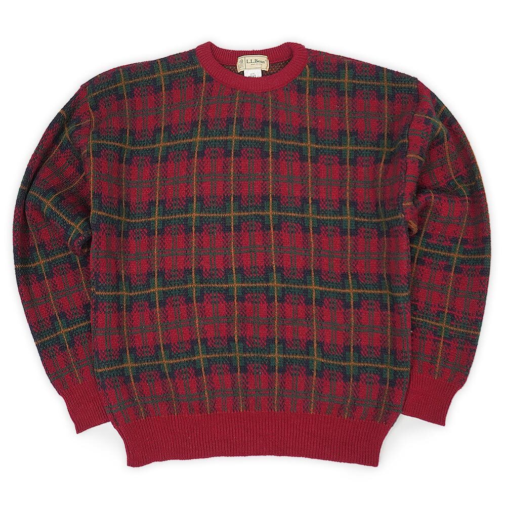 人気が高い (-4241) 古着 セーター アウトドア ヴィンテージ USA製 ウールニット 80s L.L.Bean エルエルビーン レッド系 L チェック柄 男性用