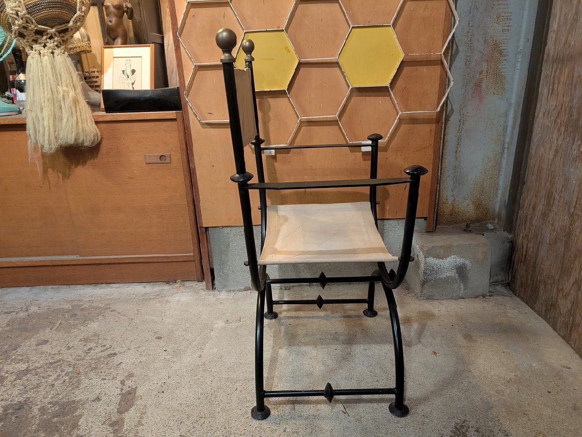  Испания Rnessa ns железный ткань arm боковой стул / античный Vintage Vintage брезент текстильный A