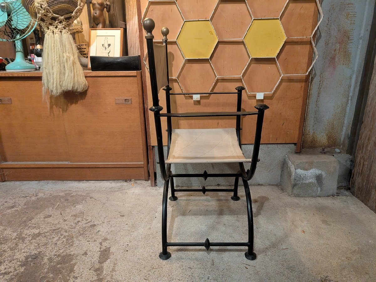  Испания Rnessa ns железный ткань arm боковой стул / античный Vintage Vintage брезент текстильный A