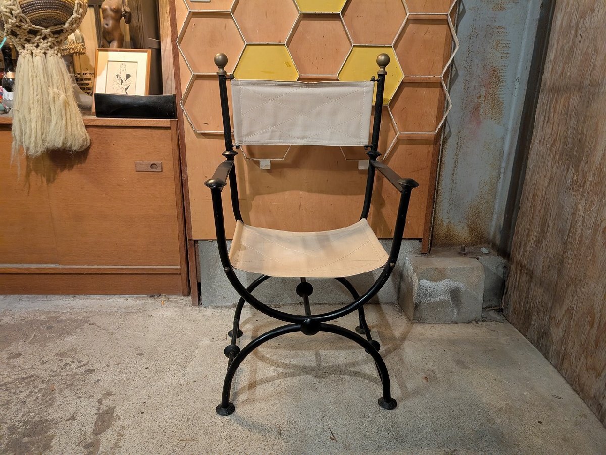  Испания Rnessa ns железный ткань arm боковой стул / античный Vintage Vintage брезент текстильный A