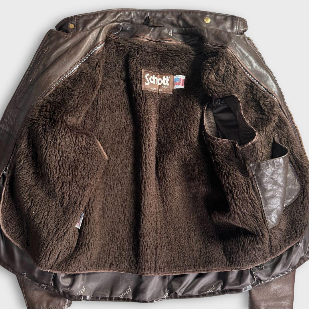 40 SCHOTT ショット ライダースジャケット レザー ブラウン ボア 40 SCHOTT ショット ライダースジャケット レザー ブラウン ボア