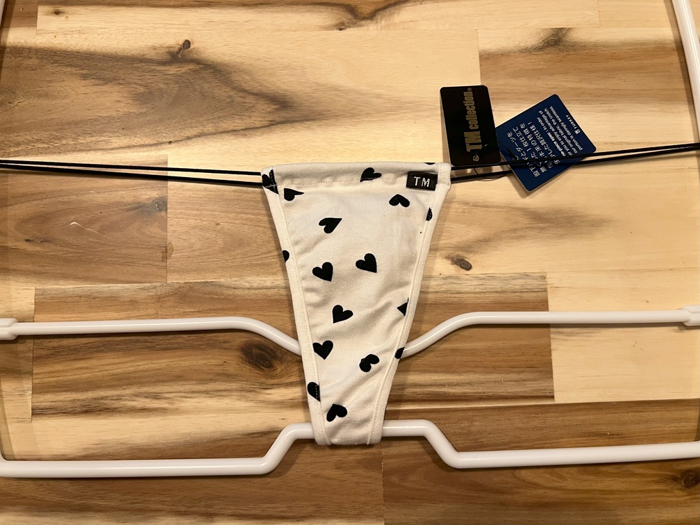 TM Collection / ハートベア天 極細丸ゴム Tバック（M）ホワイトxブラック 新品・未使用品