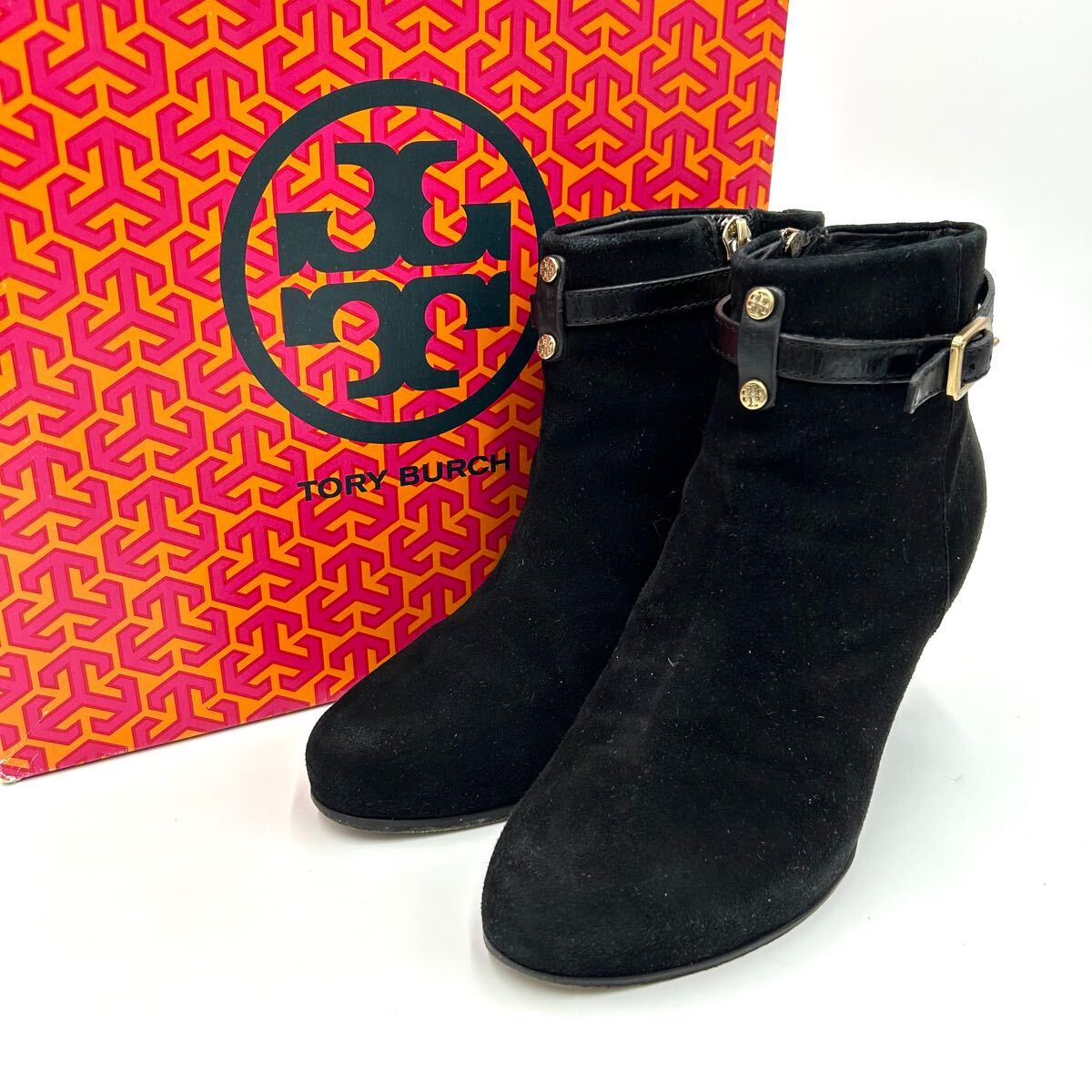 ■ 箱付き!! '高級ラグジュアリー靴' TORY BURCH トリーバーチ 本革 SUEDE LEATHER サイドジップ付き ショートブーツ ブーティー 7M 24cm