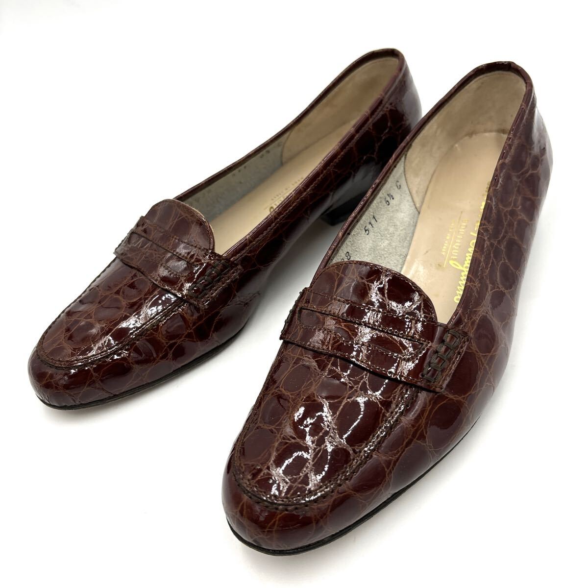J ＊ 伊製 '高級婦人靴' Salvatore Ferragamo サルヴァトーレフェラガモ 本革 クロコ型押し パンプス / コイン ローファー 6.5C 23.5cm