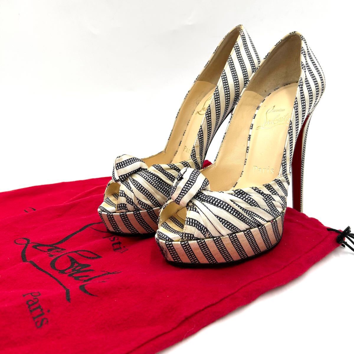 J■ 保存袋付き!! 'イタリア製' 高級婦人靴 Christian Louboutin クリスチャンルブタン 総柄 オープントゥ ハイヒール パンプス EU35 22cm