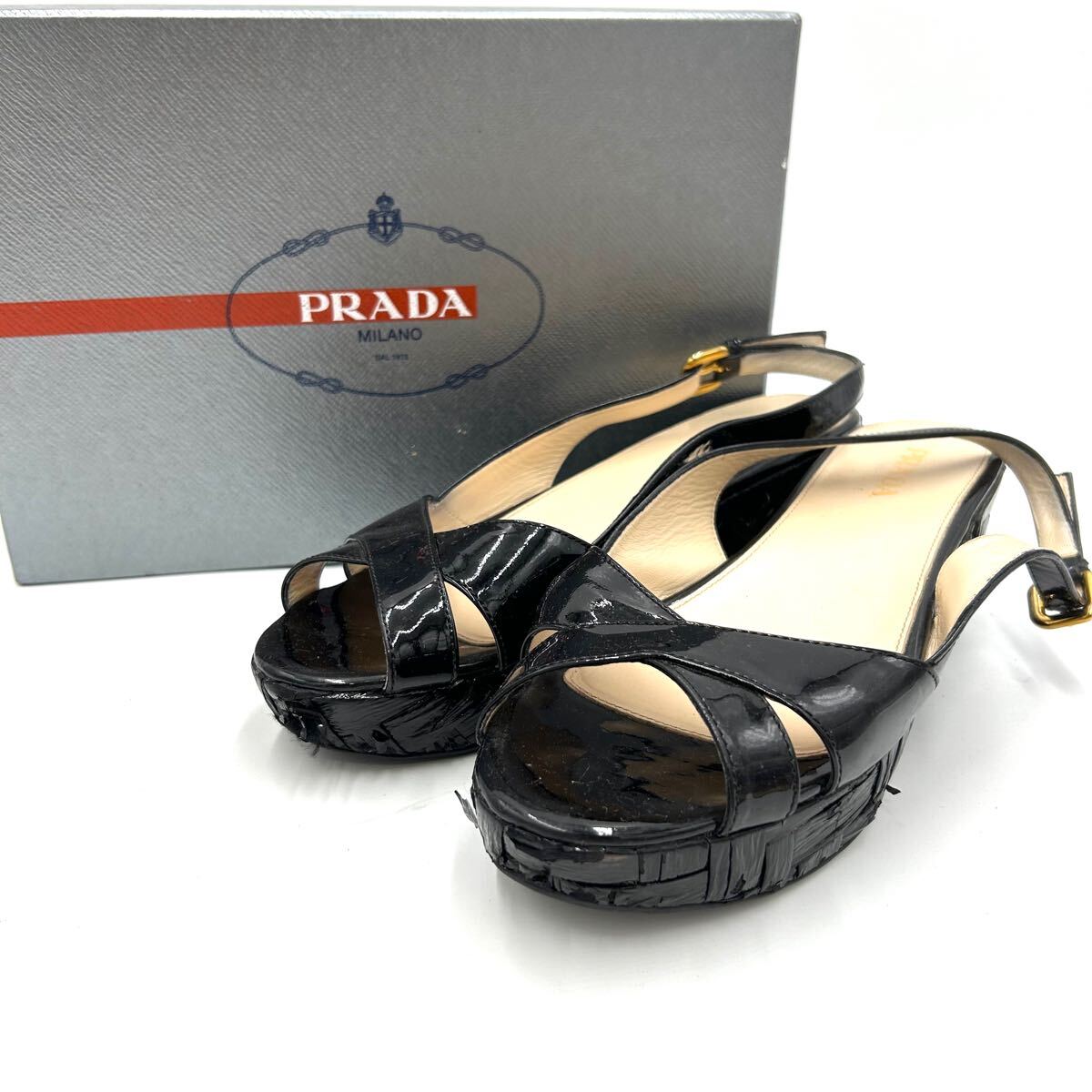■ 箱付き!! 'イタリア製' 高級ラグジュアリー靴 PRADA プラダ 厚底 編み込み バックストラップ サンダル ミュール EU40 25.5cm 婦人靴