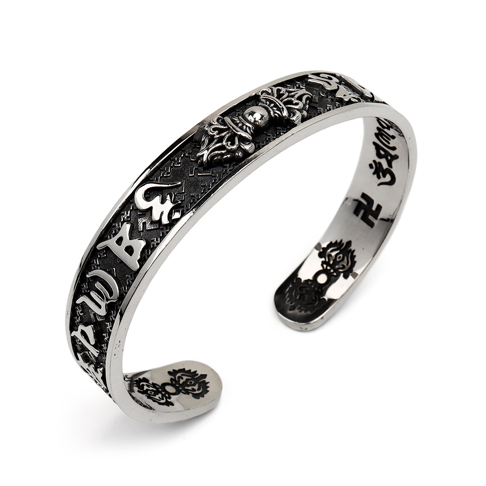 シルバー925 バングル メンズ 六字真言 梵字 三鈷杵 萬字 シルバー ブレスレット 幅12mm 金屬アレルギー