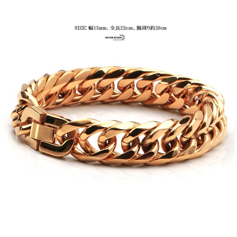太め ゴールド チェーンブレスレット 6面カット ダブル喜平チェーンブレスレット 幅15mmブレスレット ステンレス 18KGP