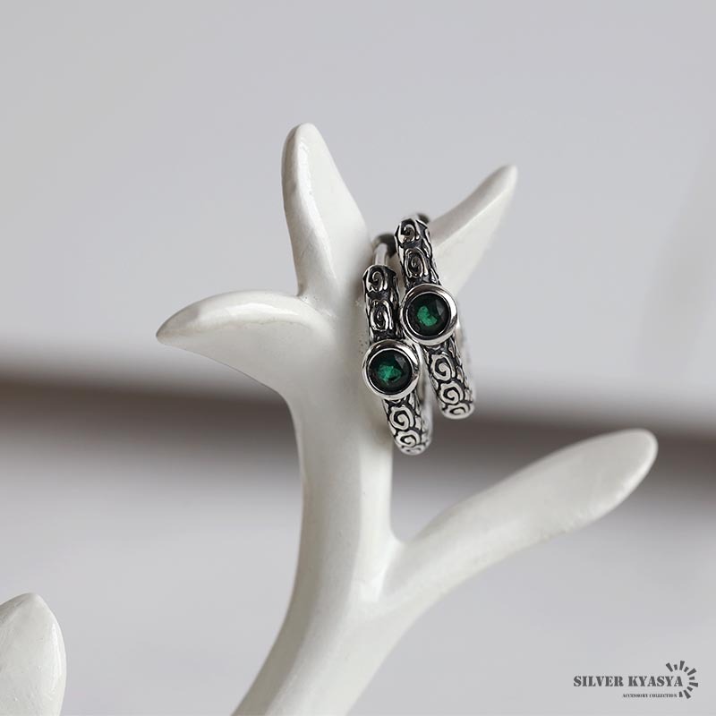 唐草 フープピアス グリーン シルバー925 CZ レディース 一粒 シルバー ストーン 金屬アレルギー対応 両耳用 2點(diǎn)セット
