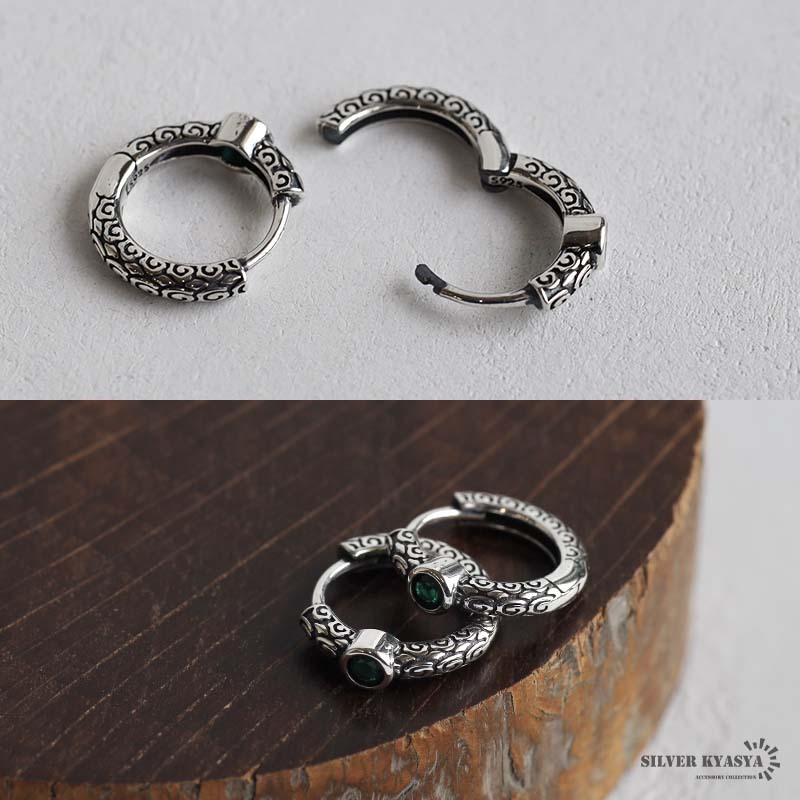 唐草 フープピアス グリーン シルバー925 CZ レディース 一粒 シルバー ストーン 金屬アレルギー対応 両耳用 2點(diǎn)セット