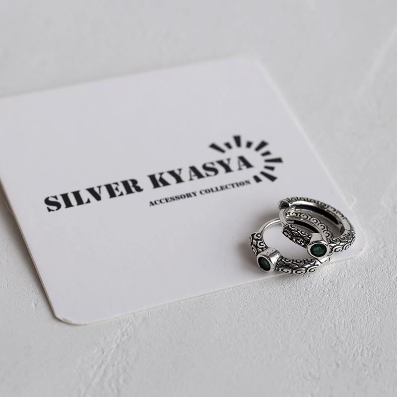 唐草 フープピアス グリーン シルバー925 CZ レディース 一粒 シルバー ストーン 金屬アレルギー対応 両耳用 2點(diǎn)セット