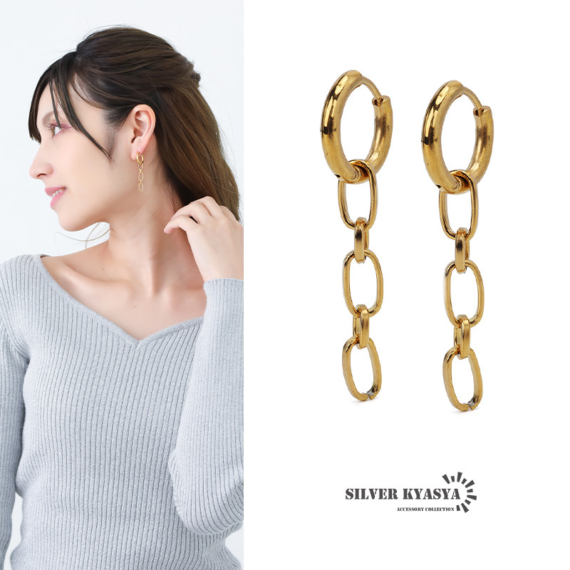 チェーンピアス レディース ドロップピアス フープピアス 女性 ゴールド 18K GP ステンレス 両耳用 金屬アレルギー対応