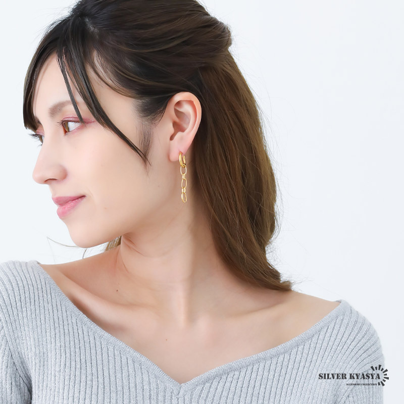 チェーンピアス レディース ドロップピアス フープピアス 女性 ゴールド 18K GP ステンレス 両耳用 金屬アレルギー対応
