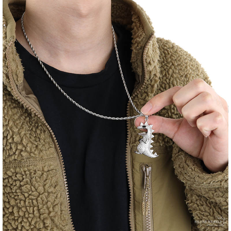 恐竜ネックレス ダイナソー パヴェ AAA 14k wg GP トップ ロープチェーン B系 ストリート シルバー 専用BOX付屬