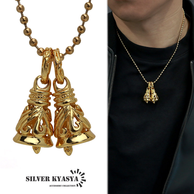 ステンレス ツインベルネックレス 唐草 ダブルクレーンベル ネックレス ゴールド 18k gp アラベスク ボールチェーン