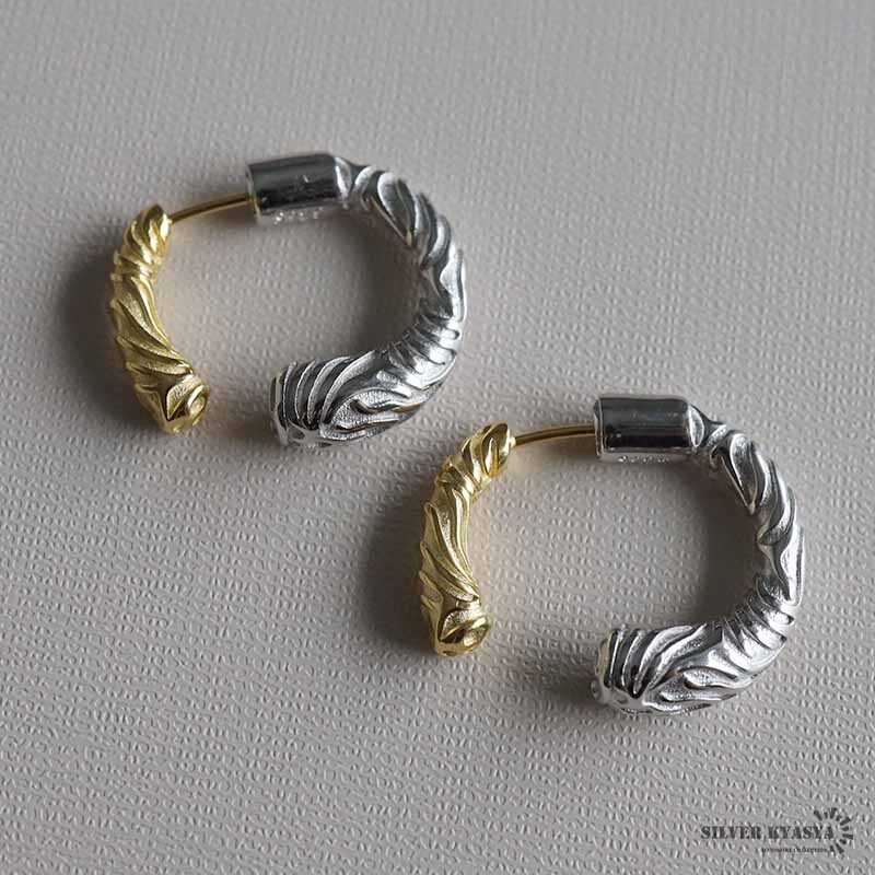 唐草ピアス バイカラー シルバー925 18KGP フープピアス 両耳用 2點セット ゴールド シルバー 金屬アレルギーフリー