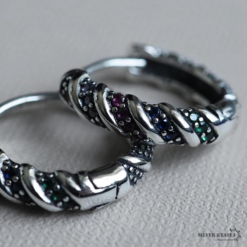 シルバー925 ツイストピアス カラフルストーンピアス ねじりピアス レディースピアス アクセント 金屬アレルギーフリー