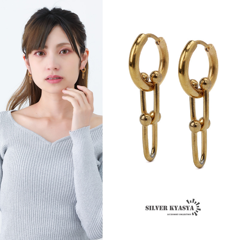 Uチェーン ピアス レディース ドロップピアス フープピアス 女性 ゴールド 18K GP ステンレス 両耳用 金属アレルギー対応