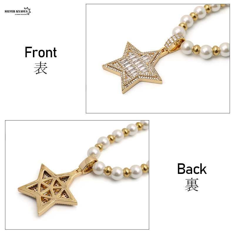 ネックレス(シルバーキャシャ)オリジナル ジルコニア CZ 星 喜平チェーン 金 ステンレス アレルギーフリー 専用BOX付屬