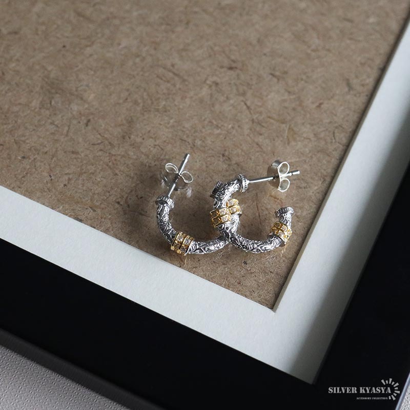 唐草ピアス バイカラー シルバー925 フープピアス スタッドピアス 両耳用 2點セット アラベスク シルバー ゴールド 金屬アレルギーフリー