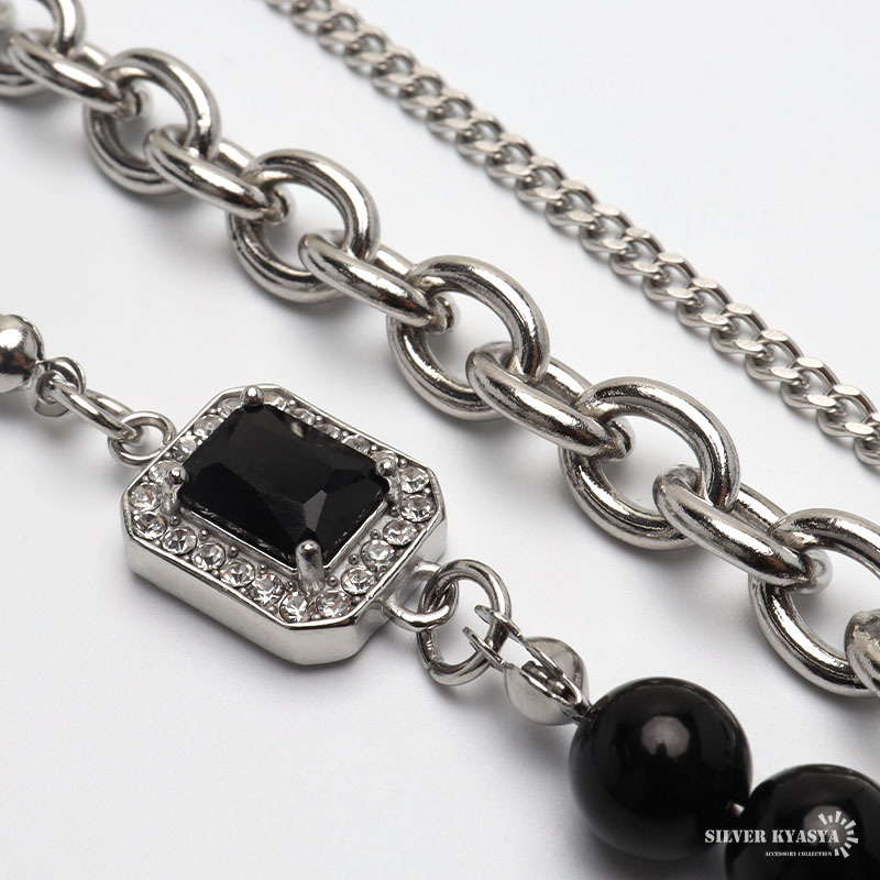 ステンレス ２連チェーンネックレス ジルコニアネックレス チェーンネックレス シルバー ブラック cz 金アレ対応