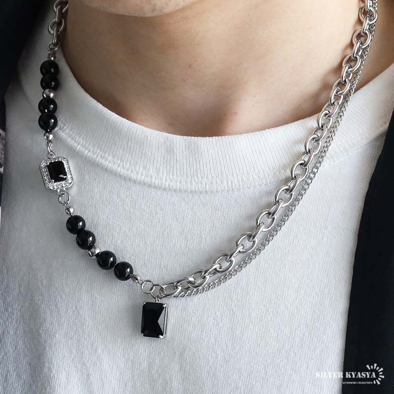 ステンレス ２連チェーンネックレス ジルコニアネックレス チェーンネックレス シルバー ブラック cz 金アレ対応