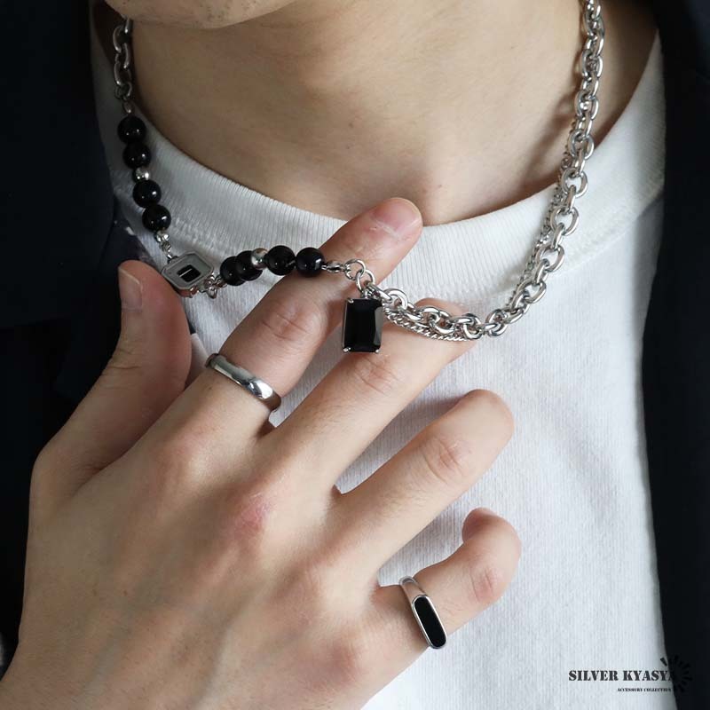 ステンレス ２連チェーンネックレス ジルコニアネックレス チェーンネックレス シルバー ブラック cz 金アレ対応
