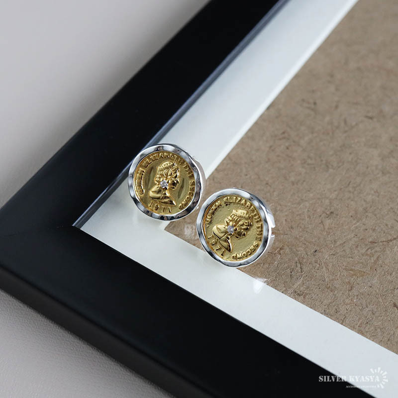 コインピアス エリザベス女王2世 シルバー925 18KGP スタッドピアス 両耳用 2點セット ゴールド 金屬アレルギーフリー