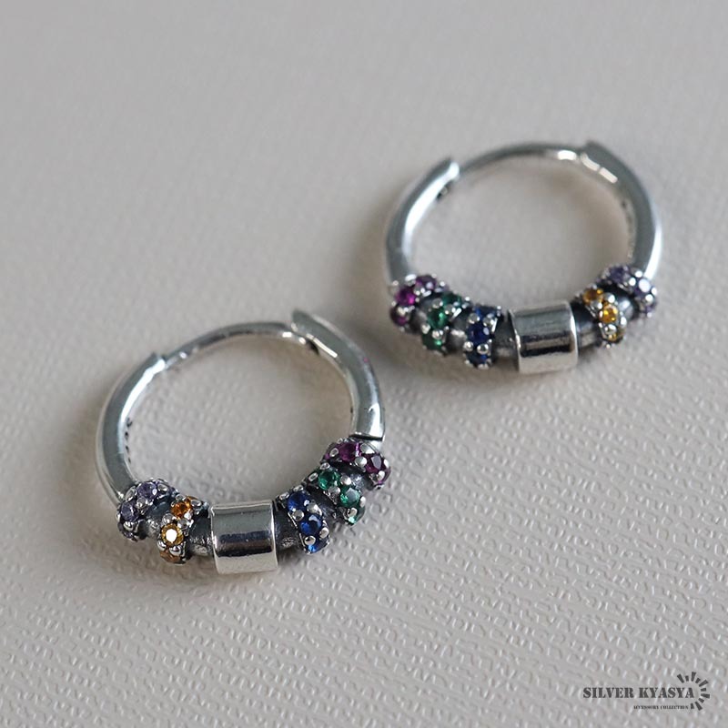 カラーストーンピアス カラフル フープピアス リングピアス ワンタッチ 両耳用 2點(diǎn)セット 個性的 シンプル シルバー925