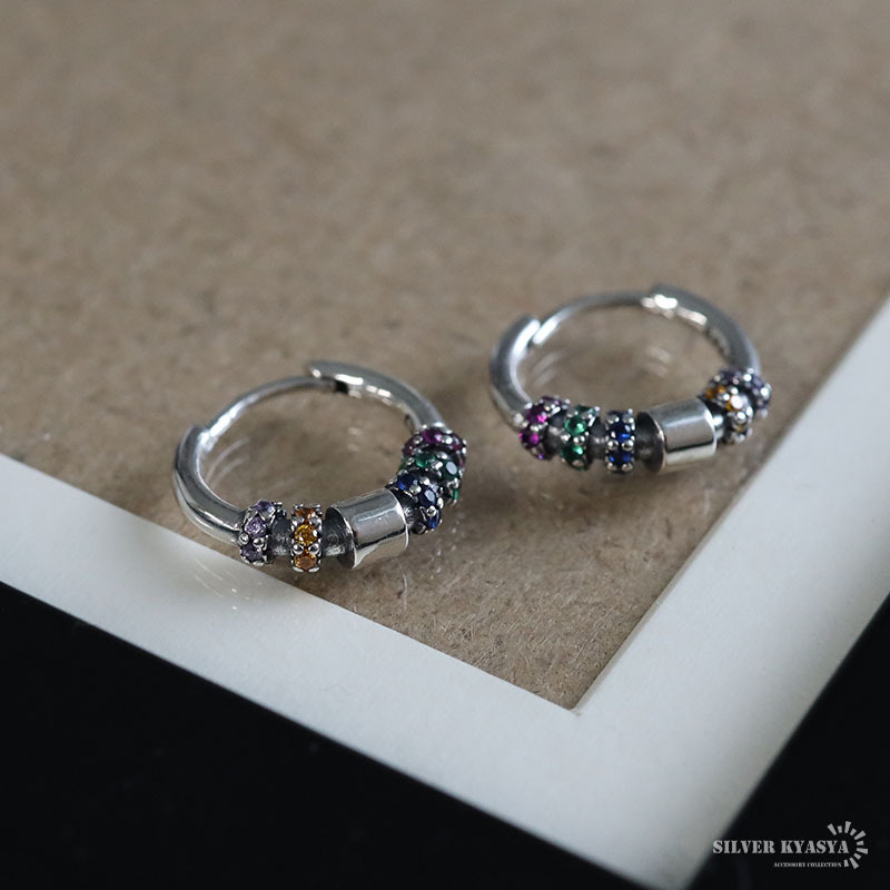 カラーストーンピアス カラフル フープピアス リングピアス ワンタッチ 両耳用 2點(diǎn)セット 個性的 シンプル シルバー925