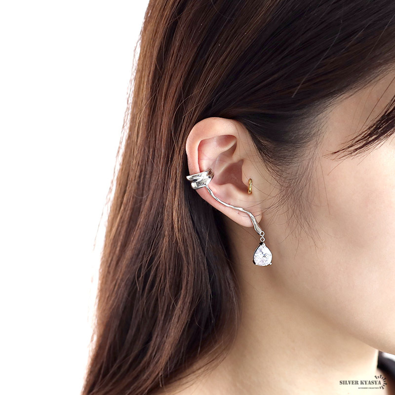 ピアス 金屬アレルギー レディース シルバー925 スティックピアス ティアドロップ イヤーカフ シルバー 銀 片耳用 右耳用