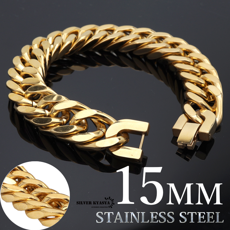 15mm 太め 4面カット ダブル喜平ブレスレット マイアミキューバン チェーンブレスレット ゴールド 金 ステンレス 中折れ