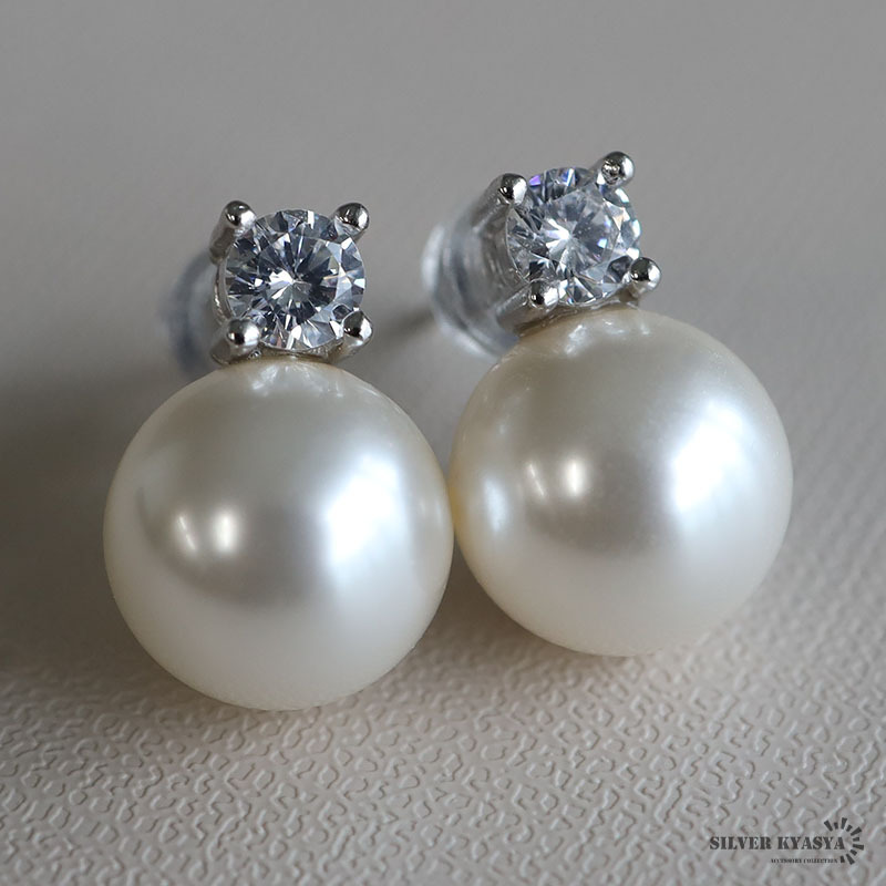 パールピアス スワロフスキー ダブルポイント パールピアス 真珠 ピアス 10mm 大きめ 両耳用 2點(diǎn)セット シルバー925