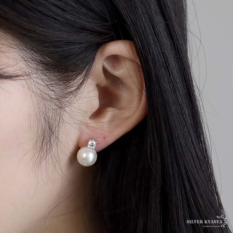 パールピアス スワロフスキー ダブルポイント パールピアス 真珠 ピアス 10mm 大きめ 両耳用 2點(diǎn)セット シルバー925