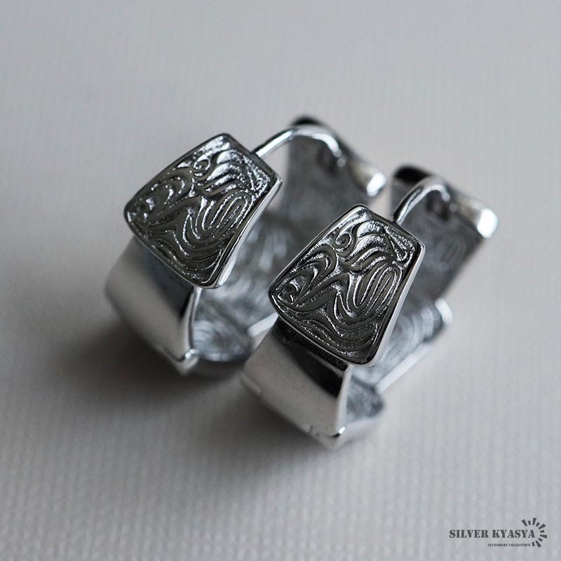 シルバー925 個性的 リバーシブル フープピアス 太め 唐草ピアス レディースピアス アラベスク模様 両耳 金屬アレルギーフリー
