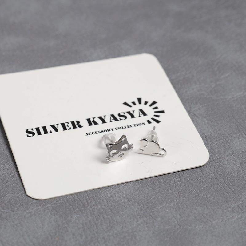 貓とねずみのピアス レディース シルバー925 2way スタッドピアス シルバーピアス 金屬アレルギー対応 両耳用 2點(diǎn)セット