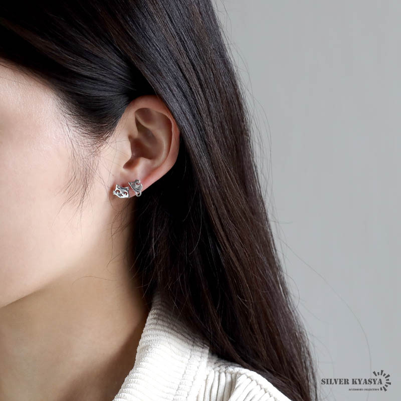 貓とねずみのピアス レディース シルバー925 2way スタッドピアス シルバーピアス 金屬アレルギー対応 両耳用 2點(diǎn)セット